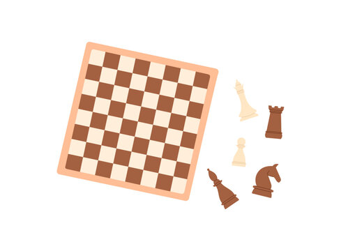 Flat chessboard with strategy pieces and pawns. Classic boardgame hobby with wooden chess pieces and black white design. Table game promoting strategy play, ideal for skill development recreation in