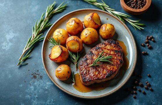 Top view of grilled pork steak on plate with baked potatoes. Juicy meat with rosemary garnish. Delicious gourmet meal. Healthy dinner with roast cutlet on blue table.