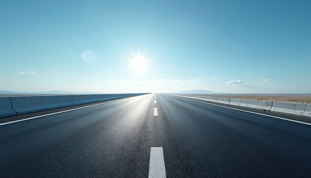 Black asphalt road stretches towards horizon under bright sun. Clear blue sky landscape with white road markings and concrete barrier. Travel and transportation concept