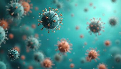 Microscopic view of virus cells, bacteria on turquoise background. Pathogens, germs floating inside body. Scientific 3d render of disease outbreak, infection, microbiology research for health crisis.