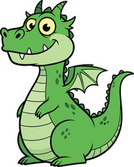 Fototapeta premium Cute cartoon green dragon with yellow eyes and wings on white background mythical
