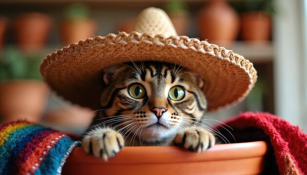 Cute brown tabby cat wears tiny straw sombrero. Funny feline peeks from orange clay pot, next to colorful woven blanket. Big green eyes look directly forward with curious gaze. Animal portrait