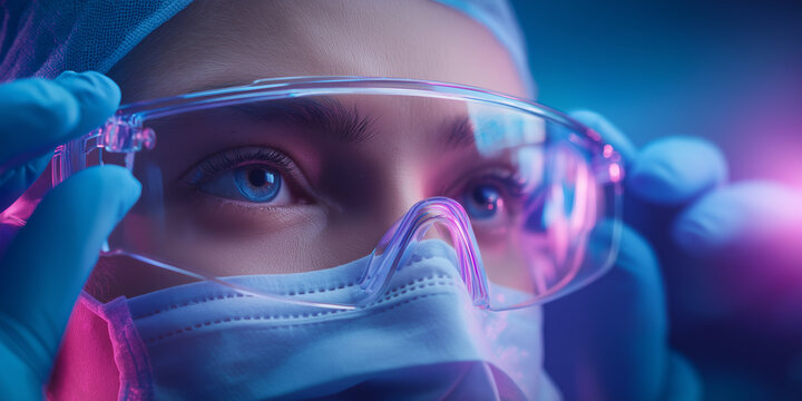 Focused Gaze of a Medical Scientist in Protective Gear