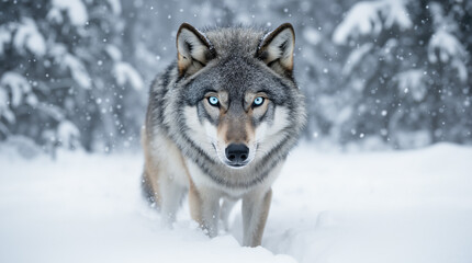 A majestic gray wolf with piercing blue eyes stares intensely while walking through deep snow in a heavy winter forest during a blizzard.