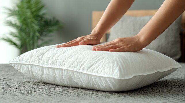 A person's hands press a soft, clean white pillow, ensuring comfort for sleep