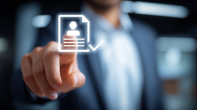 Businessman Pointing at Digital Profile Application Icon