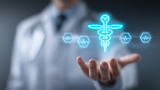 Doctor Holding Glowing Medical Healthcare Symbols