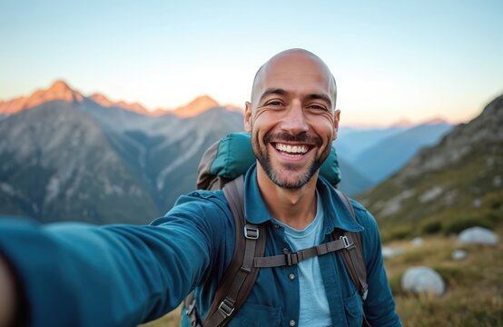 Happy man hiker with backpack takes selfie photo on mountain peak. Smiling bald traveler enjoys nature adventure on trekking trip. Tourist enjoys beautiful landscape view during vacation at sunset.
