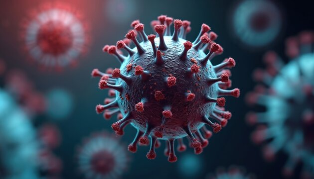 Microscopic view shows contagious virus particle with spiky red proteins. Pathogen represents serious global health crisis, dangerous infectious disease, ongoing pandemic threat. Impacts public
