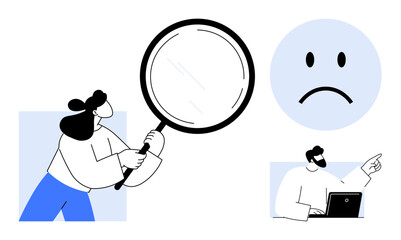 Digital challenges concept. Digital challenges ed with a woman using a magnifying glass, a sad face, and an office worker on a laptop. Digital challenges impacting transparency, productivity