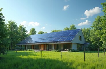 Fototapeta premium Modern house with expansive solar panels on roof, surrounded by lush green trees and grass field. Large windows show seating area, reflecting clear blue sky and clouds. Sustainable living in nature.