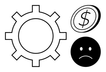 Gear, dollar sign coin, and sad face symbolizing financial struggles, operational inefficiency, or dissatisfaction. Ideal for finance, business, productivity, economy challenges operations