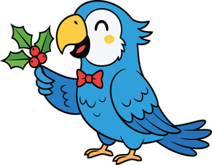 Obraz premium Cheerful blue parrot with red bow tie holding holly sprig Keywords: parrot, blue, bird, cute, cartoon