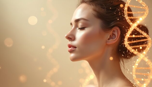 Young woman with glowing DNA strands near face. Beauty concept merges genetics with skincare and cellular regeneration. Healthy glow symbolizes youthfulness and vitality.