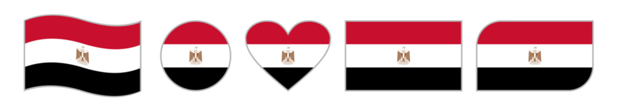 Set of five Egyptian flag vector icons in wave, circular, heart, rectangular, and rounded-corner styles, showcasing the national colors and emblem for design, branding, and patriotic graphics