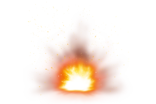 High-energy explosion flame burst with glowing sparks and a smoke trail, isolated transparent PNG for action design, compositing, and effect