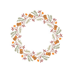 Flat xmas wreath with kraft ornament and pine branch as a round holiday decoration. Christmas circle with berry and box accent. Background for festive gift season.