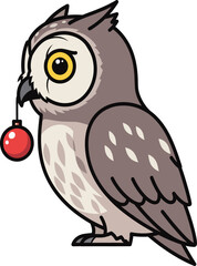 Fototapeta premium Cartoon Owl Holding a Red Christmas Ornament in its Beak Keywords: owl, bird, animal, cartoon, cute