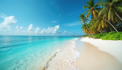 Bright sunny day on tropical beach with white sand and palm trees. Clear turquoise ocean water laps shore gently with small waves. Endless blue sky holds fluffy white clouds.