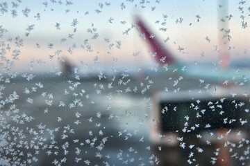 Winter frost on plane window at the airport