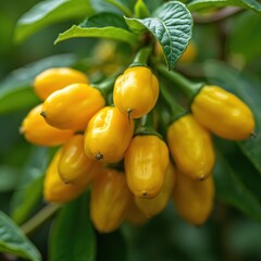 Ripe Aji Charapita peppers hang on plant with green leaves. Cluster of small yellow hot chili fruits grows in organic garden. Fresh spicy vegetable crop ready for harvest, cooking gourmet meal.