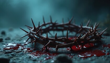 Bloody crown of thorns rests on dark ground. Spikes are sharp, wet with red liquid. Concept of sacrifice pain suffering and resurrection. Religious symbol.