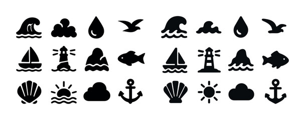 Set of nautical and beach icons with waves, boats, lighthouses, anchors, shells, and birds