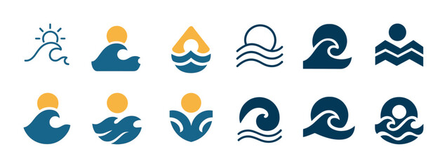 Collection of abstract wave and sun icons in blue and yellow design