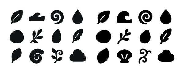 Collection of organic shape icons: leaves, spirals, droplets, and clouds