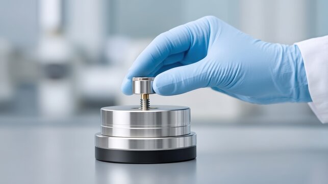 A gloved hand adjusts a precision weight in a laboratory setting.