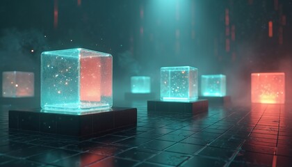 Futuristic scene with glowing transparent cubes on dark pedestals in misty digital space. Particles float inside red, blue cubes. Image represents advanced tech, data, innovation, virtual reality