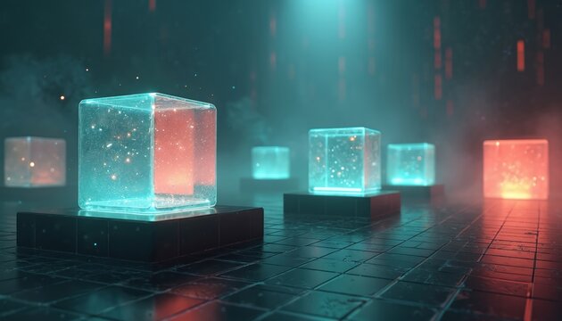 Futuristic scene with glowing transparent cubes on dark pedestals in misty digital space. Particles float inside red, blue cubes. Image represents advanced tech, data, innovation, virtual reality - Powered by Adobe