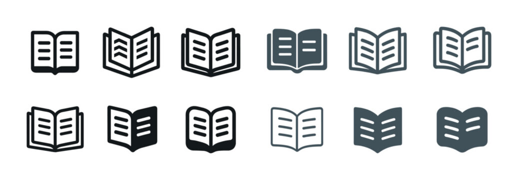Collection of open book icons in various styles and shades