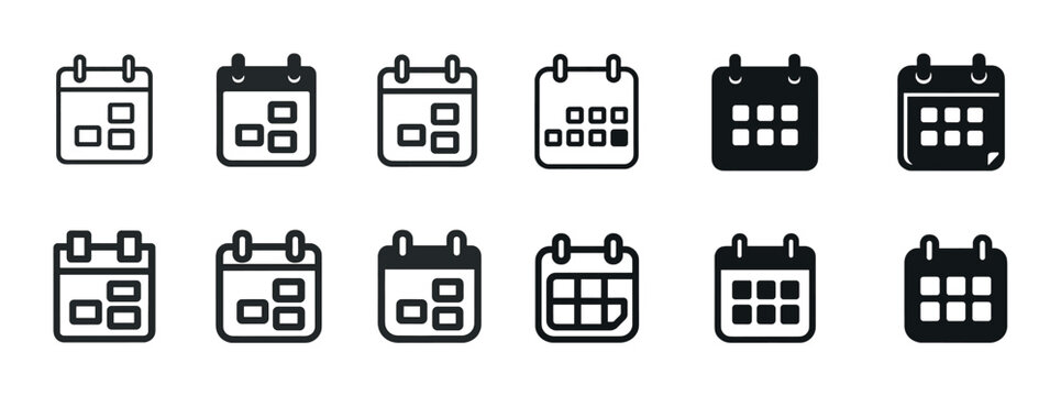 Set of black and white calendar icons in various styles