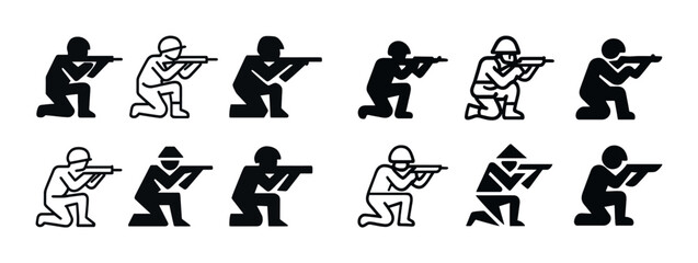 Silhouette icons of soldiers in various shooting positions