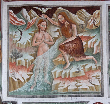 Battesimo di Ges&ugrave; nel Giordano; affresco nell'Oratorio dei Disciplini a Clusone (Val Seriana, Bergamo)