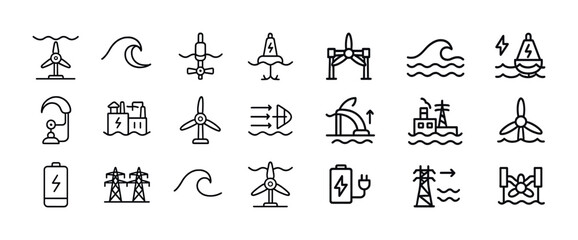 Fototapeta premium Renewable energy icons set: wind, wave, battery, power generation, turbines