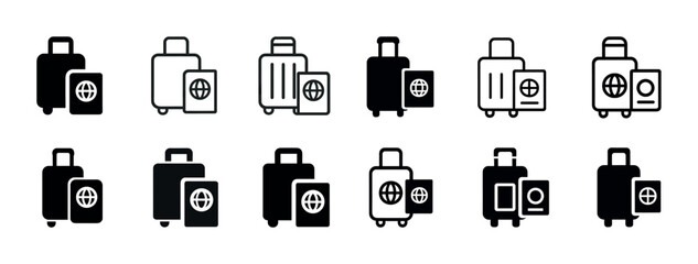 Travel icons: luggage and passport symbols in black and white