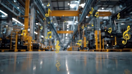 3D illustration of a modern factory with industrial process devices and floating musical symbols.
Concept: Industrial technology combined with creativity or music, representing innovation, automation
