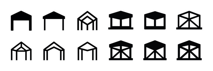 Set of geometric building icons with varied roof designs