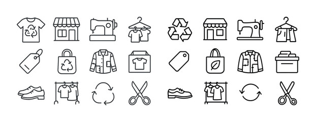Sustainable fashion icons set: recycling, sewing, eco-friendly clothing and accessories