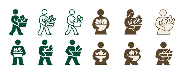 Obraz premium Diverse icons of individuals carrying vegetable baskets