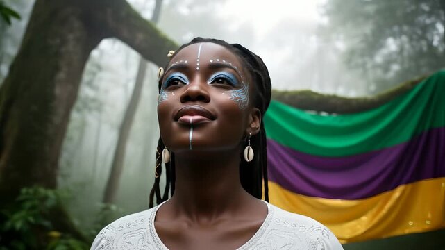 Beautiful Black woman with intricate blue and white face paint, dreadlocks, and cowrie shells gazes serenely in a misty forest, a vibrant green, purple, and gold flag in background.