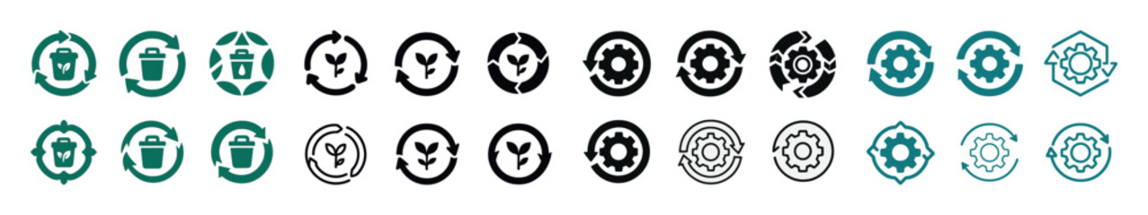 Ecological and technical symbols in recycle and gear icons