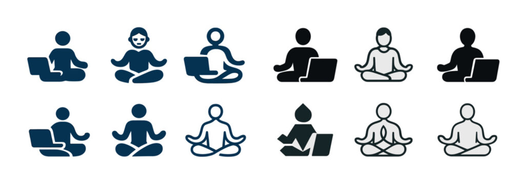 Yoga and meditation icons featuring laptops and meditative poses