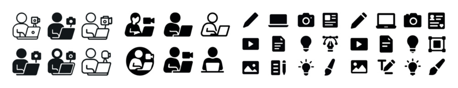 Diverse icon set for video call, computer use, and creative tools
