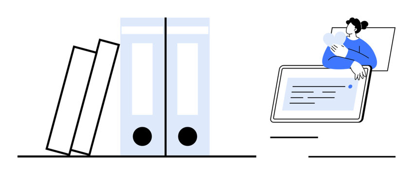 Document management concept. A pair of file folders alongside a digital interface indicates document organization. Document handling, remote work solutions, and productivity management. For cloud