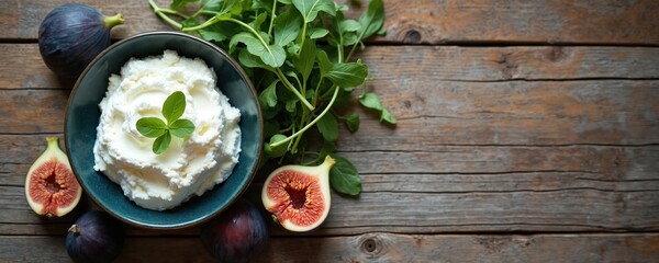 Bowl with homemade ricotta cheese ripe figs, arugula leaves. Ingredients for healthy appetizer meal on rustic wooden background. Simple food flat lay with copy space. Delicious, healthy dish for