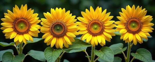 Four sunflowers stand in row, showcase vibrant yellow petals against dark green. Blooms symbolize happiness, positivity. Art illustration for summer designs eco project background banner. Nature