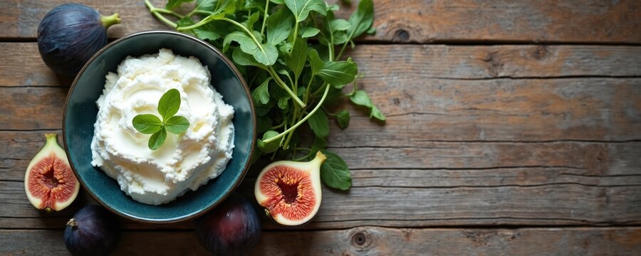 Bowl with homemade ricotta cheese ripe figs, arugula leaves. Ingredients for healthy appetizer meal on rustic wooden background. Simple food flat lay with copy space. Delicious, healthy dish for